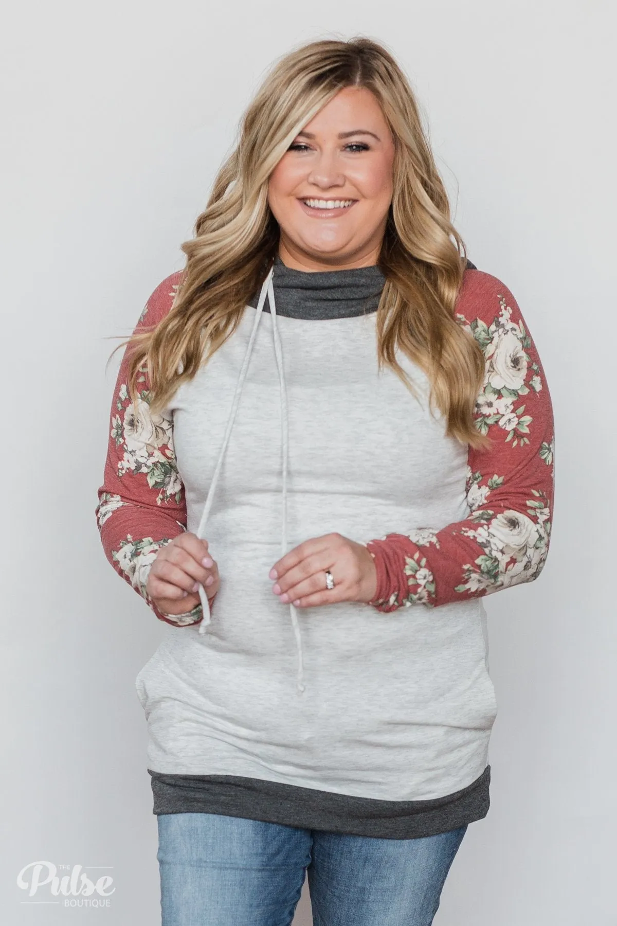 Smile Pretty Floral Drawstring Hoodie- Heather Grey