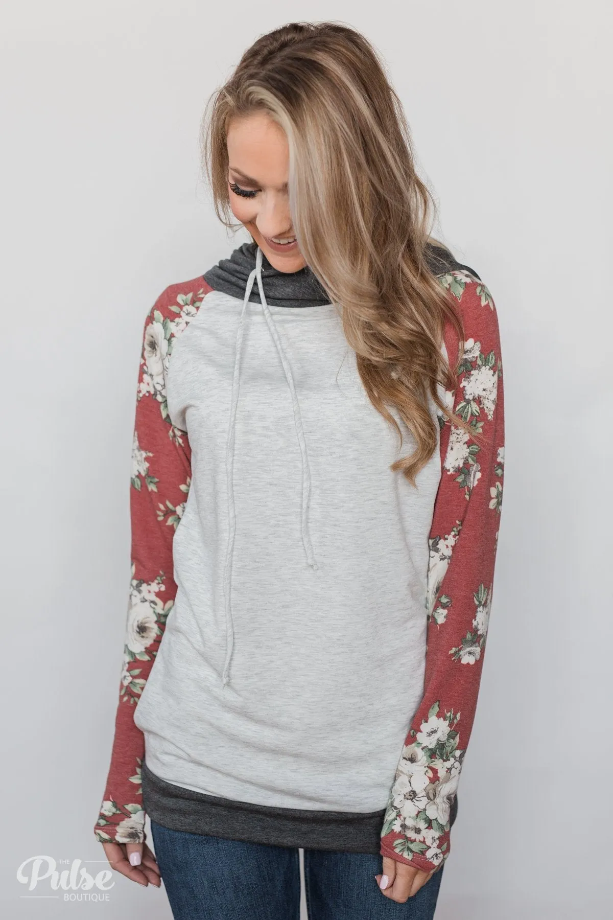 Smile Pretty Floral Drawstring Hoodie- Heather Grey