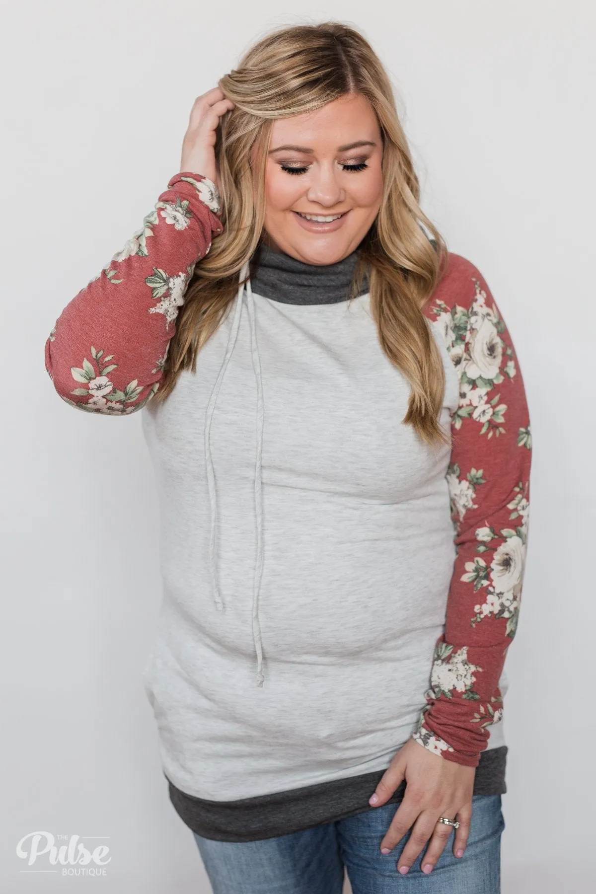 Smile Pretty Floral Drawstring Hoodie- Heather Grey