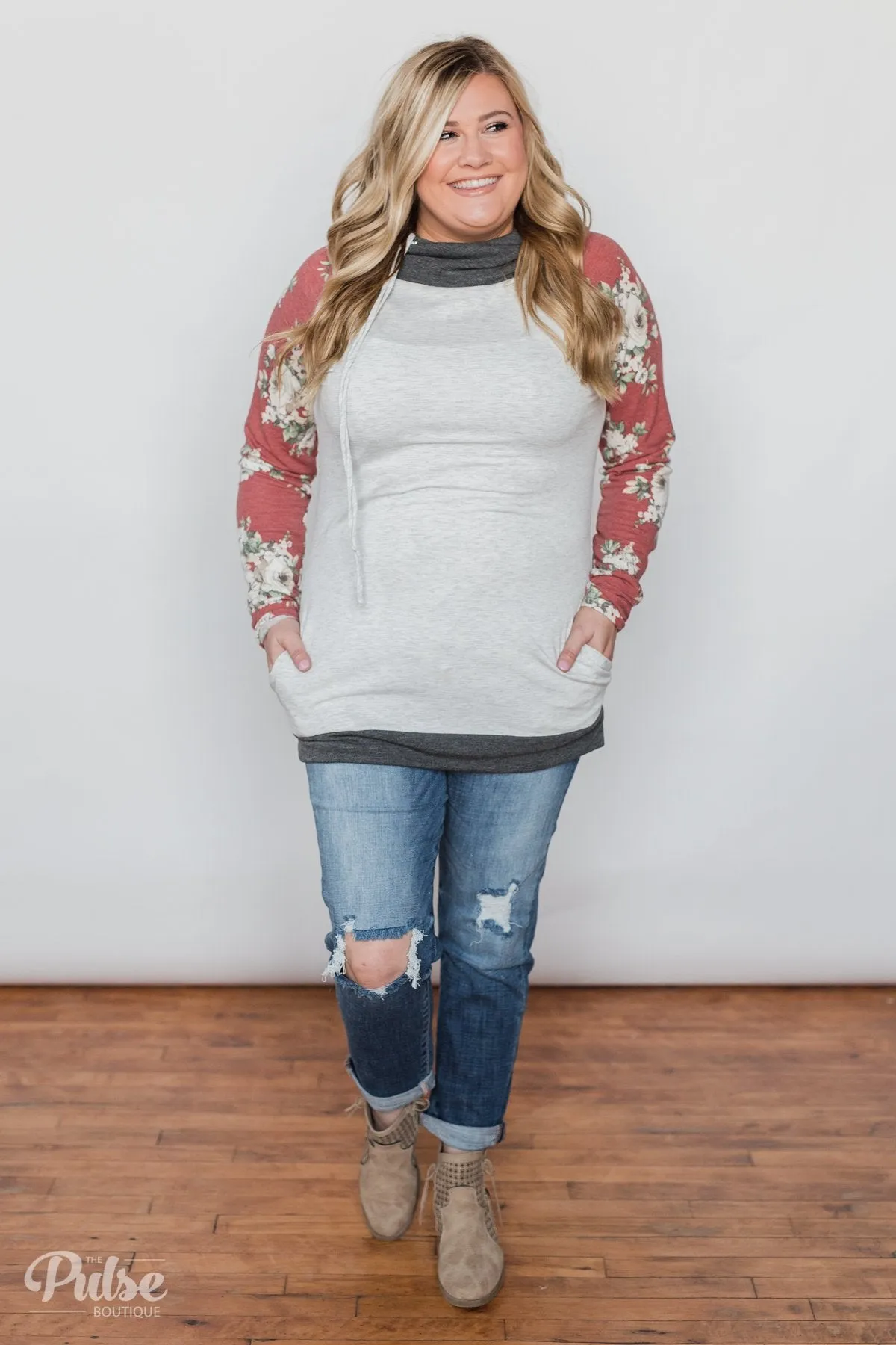Smile Pretty Floral Drawstring Hoodie- Heather Grey