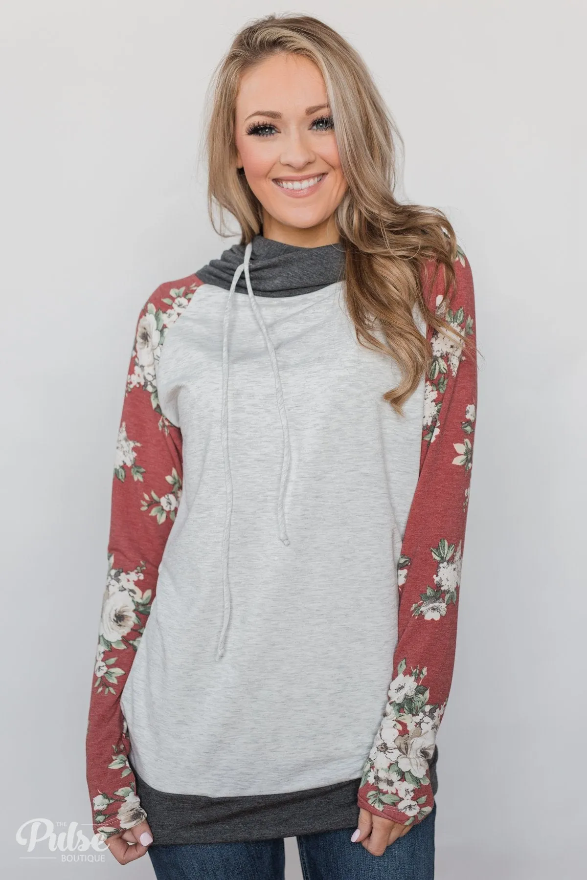 Smile Pretty Floral Drawstring Hoodie- Heather Grey