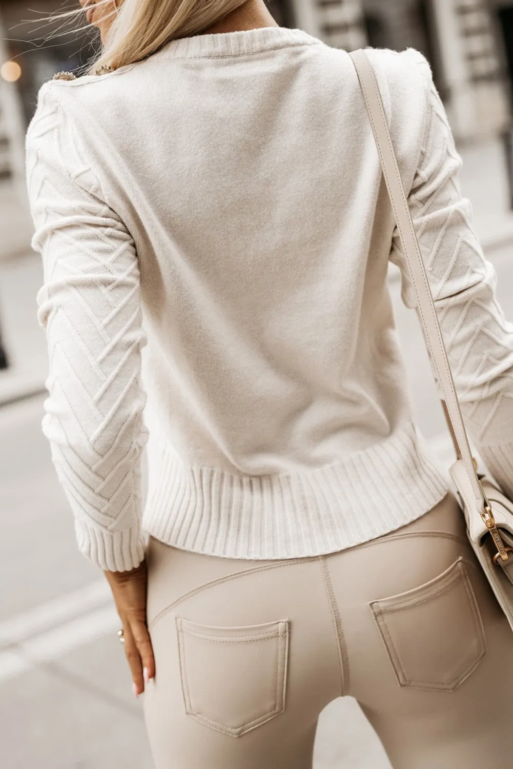Snow White Textured Knit Button Decor Pullover Sweater