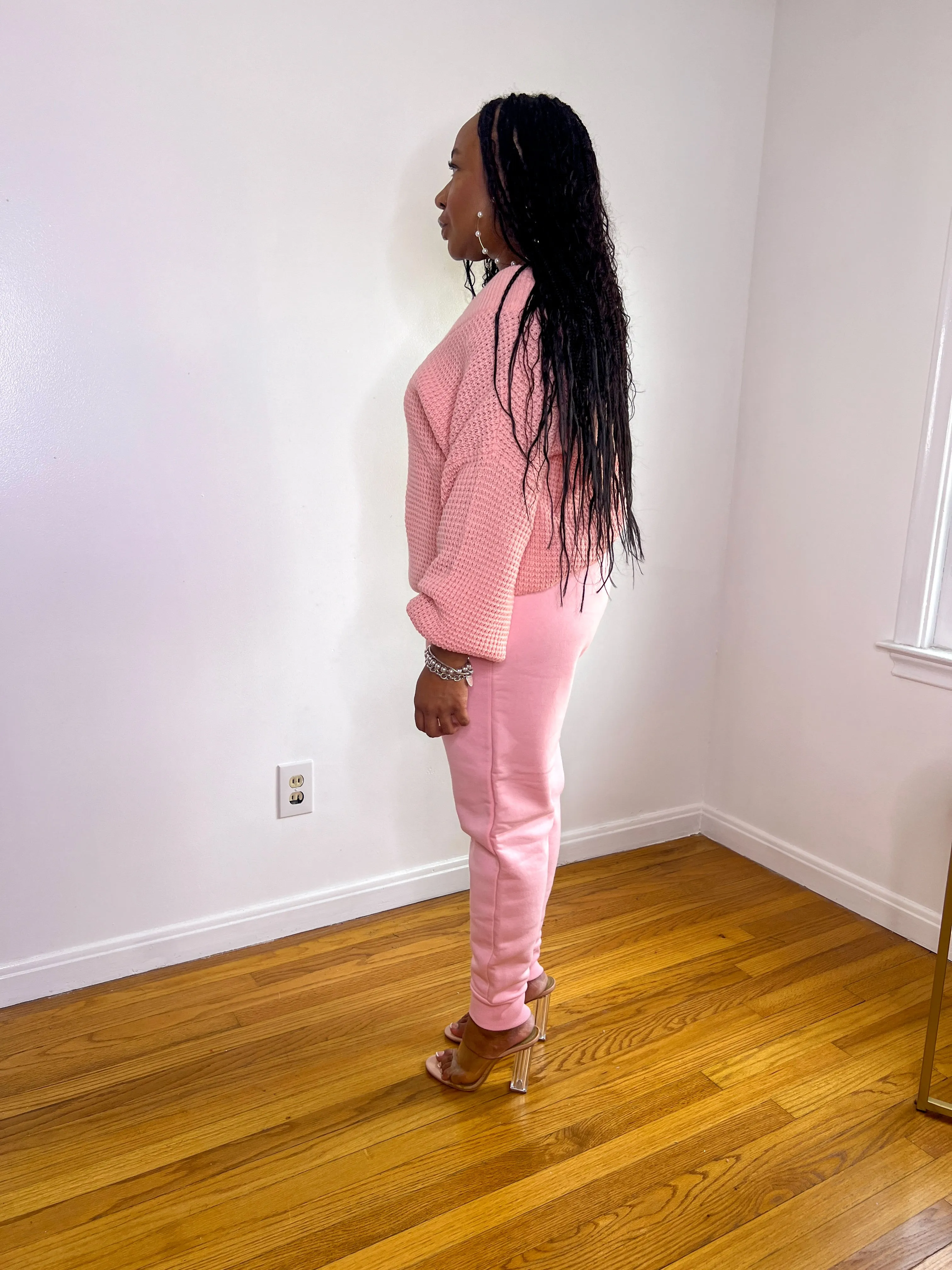 Soft Pink Waffle Knit V-neck Sweater