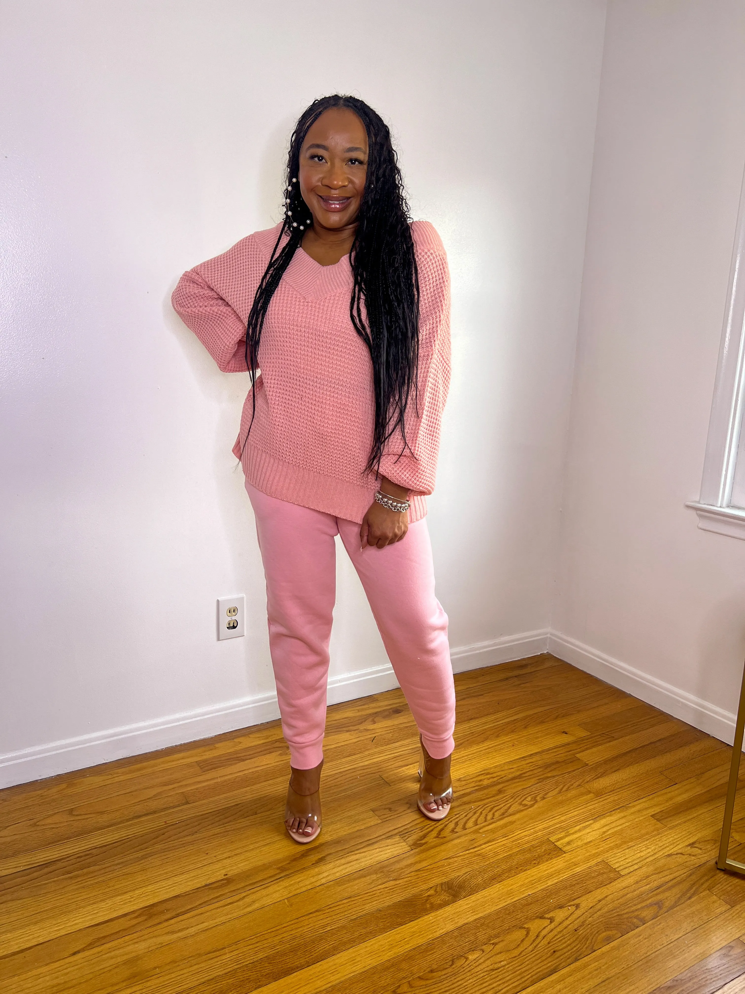 Soft Pink Waffle Knit V-neck Sweater