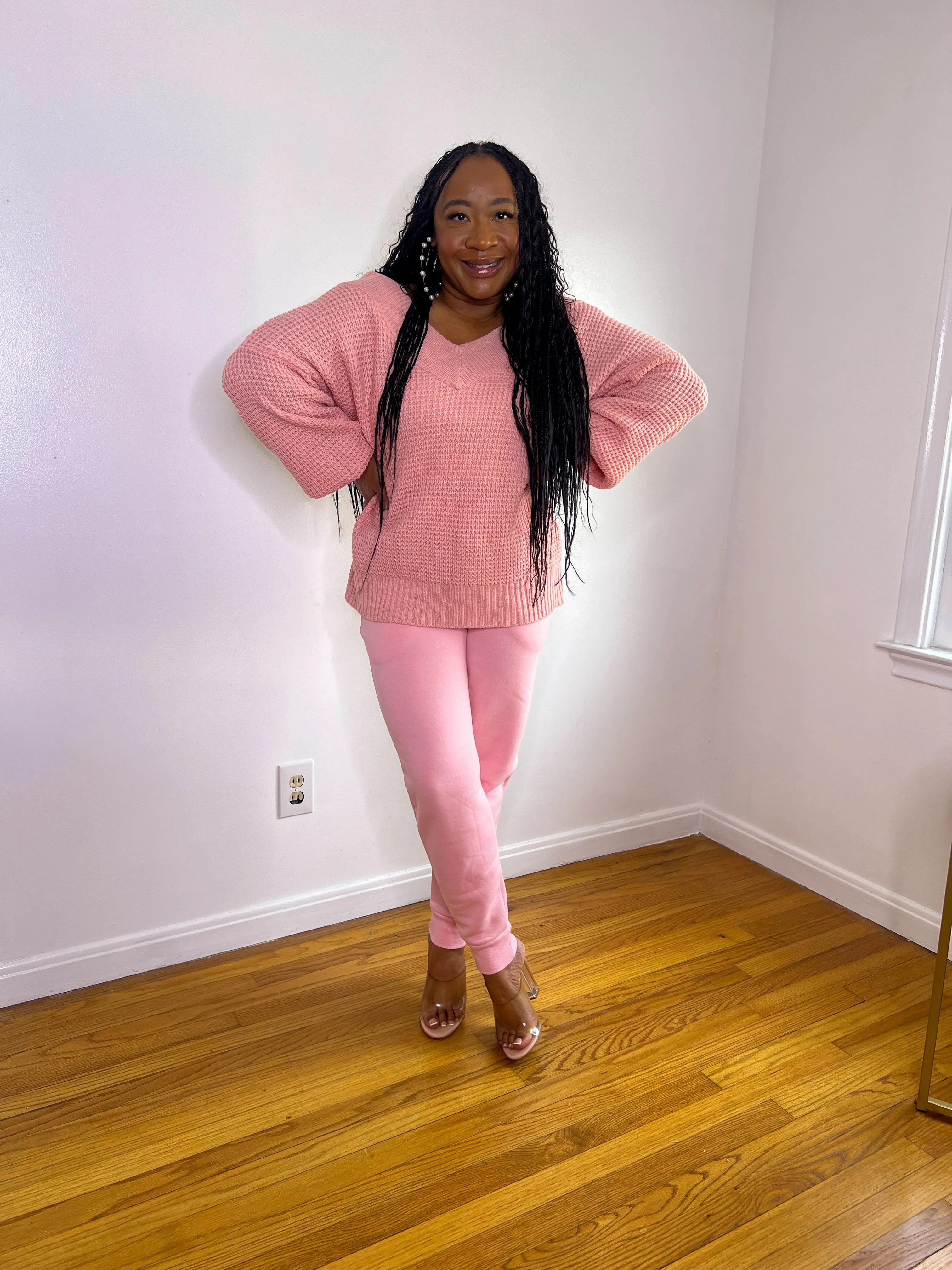 Soft Pink Waffle Knit V-neck Sweater