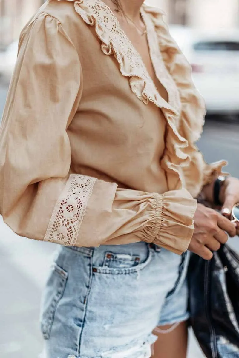 Solid Color Sexy V-Neck Low-Cut Lace Tops