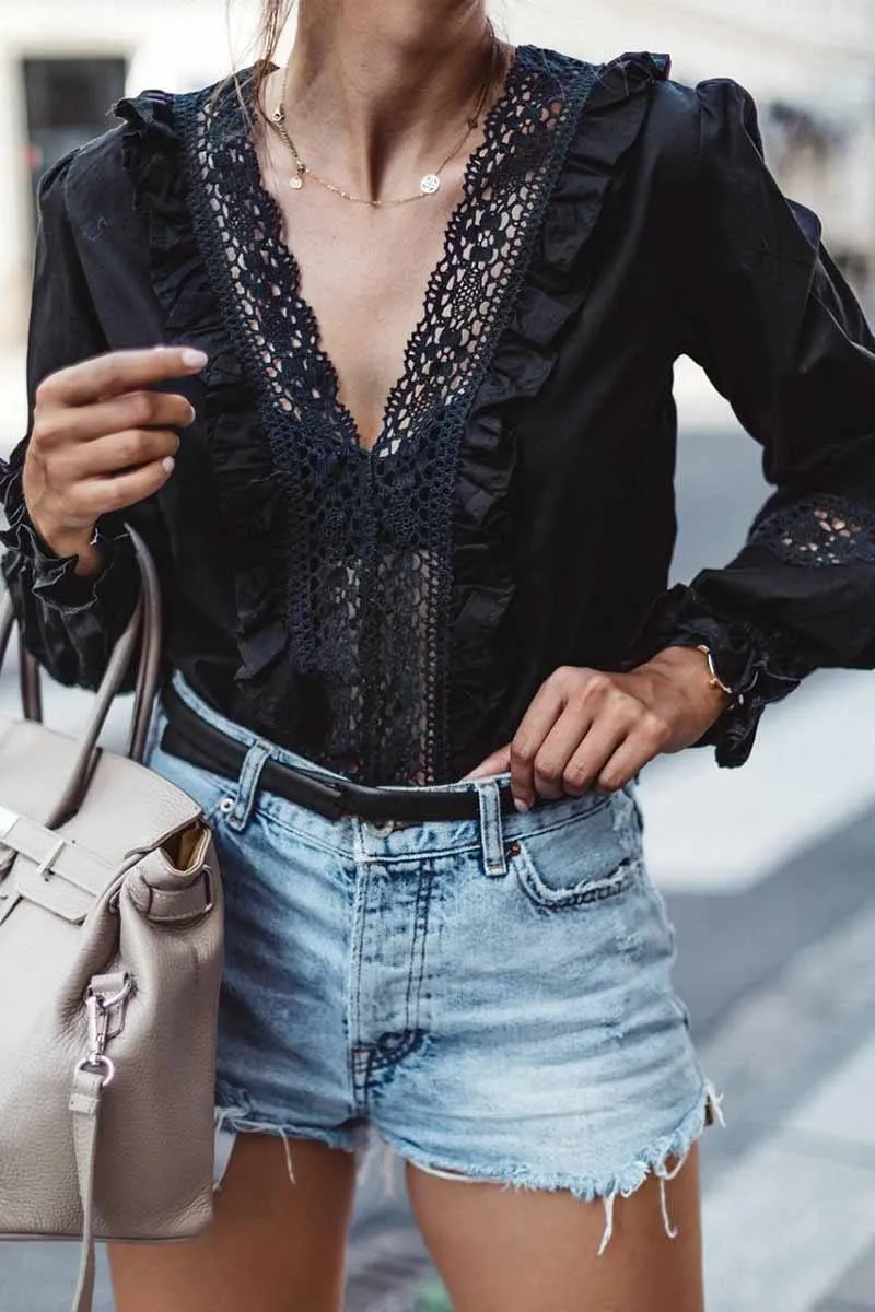Solid Color Sexy V-Neck Low-Cut Lace Tops