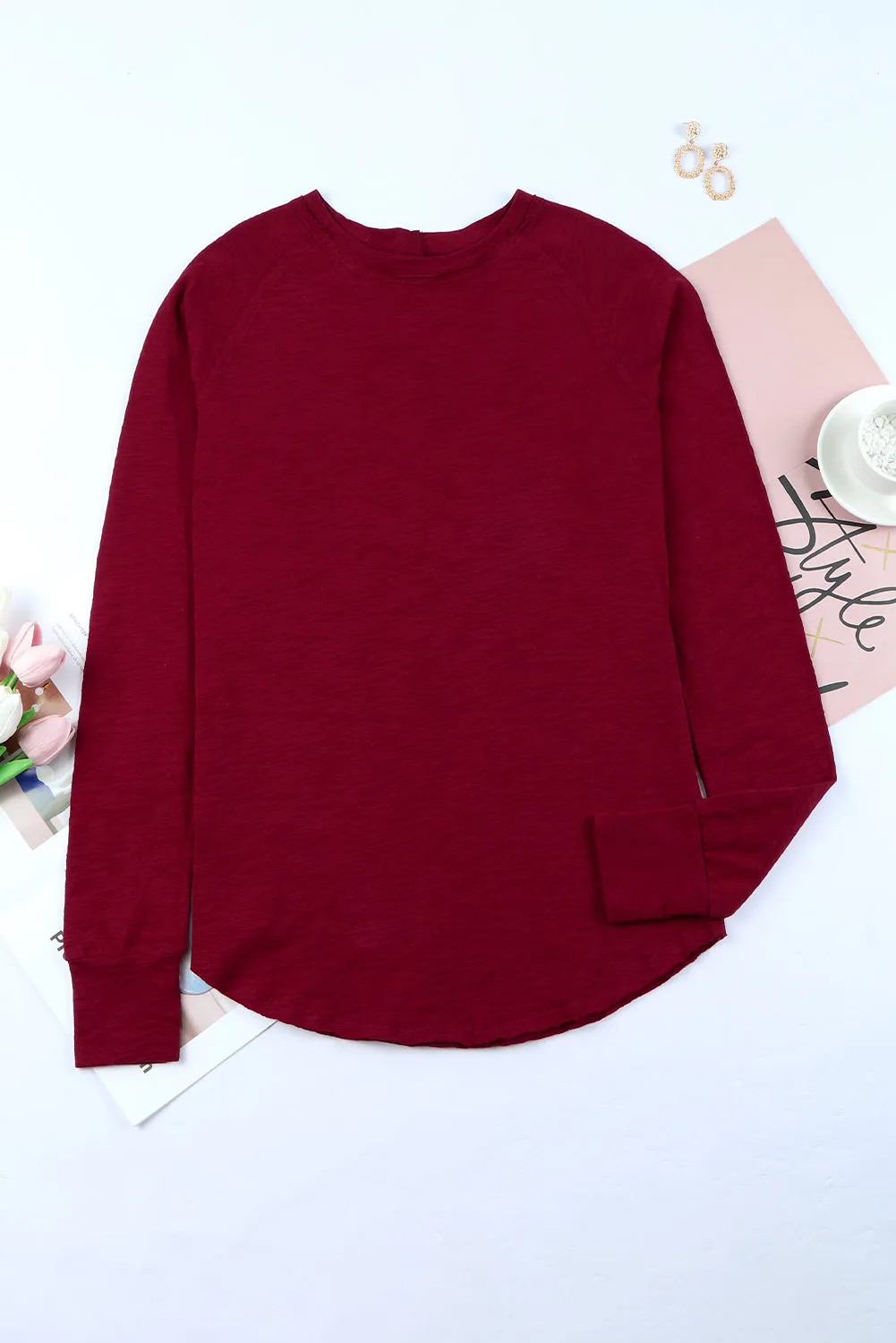 Solid Crew Neck Long Sleeve Top