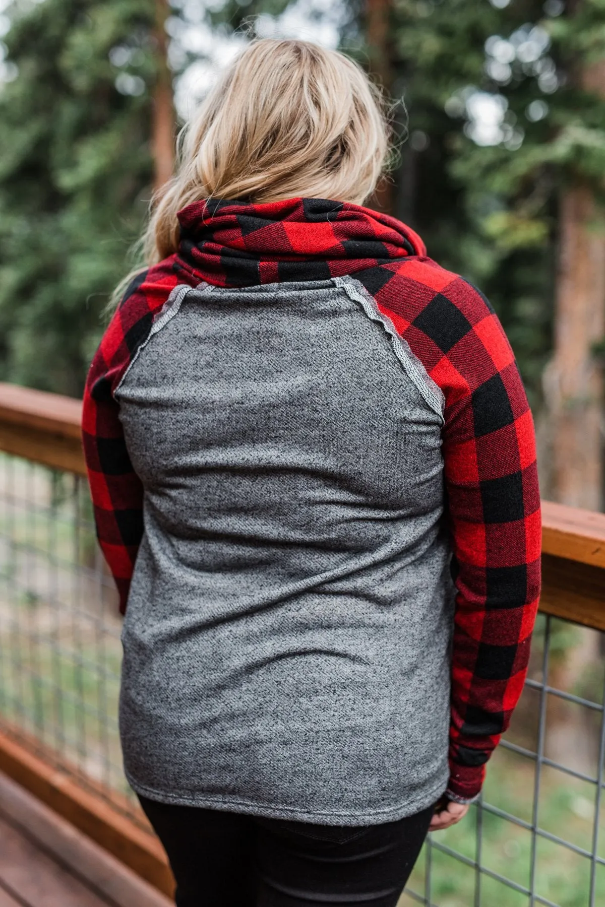 Something About Buffalo Plaid Cowl Neck Top- Grey