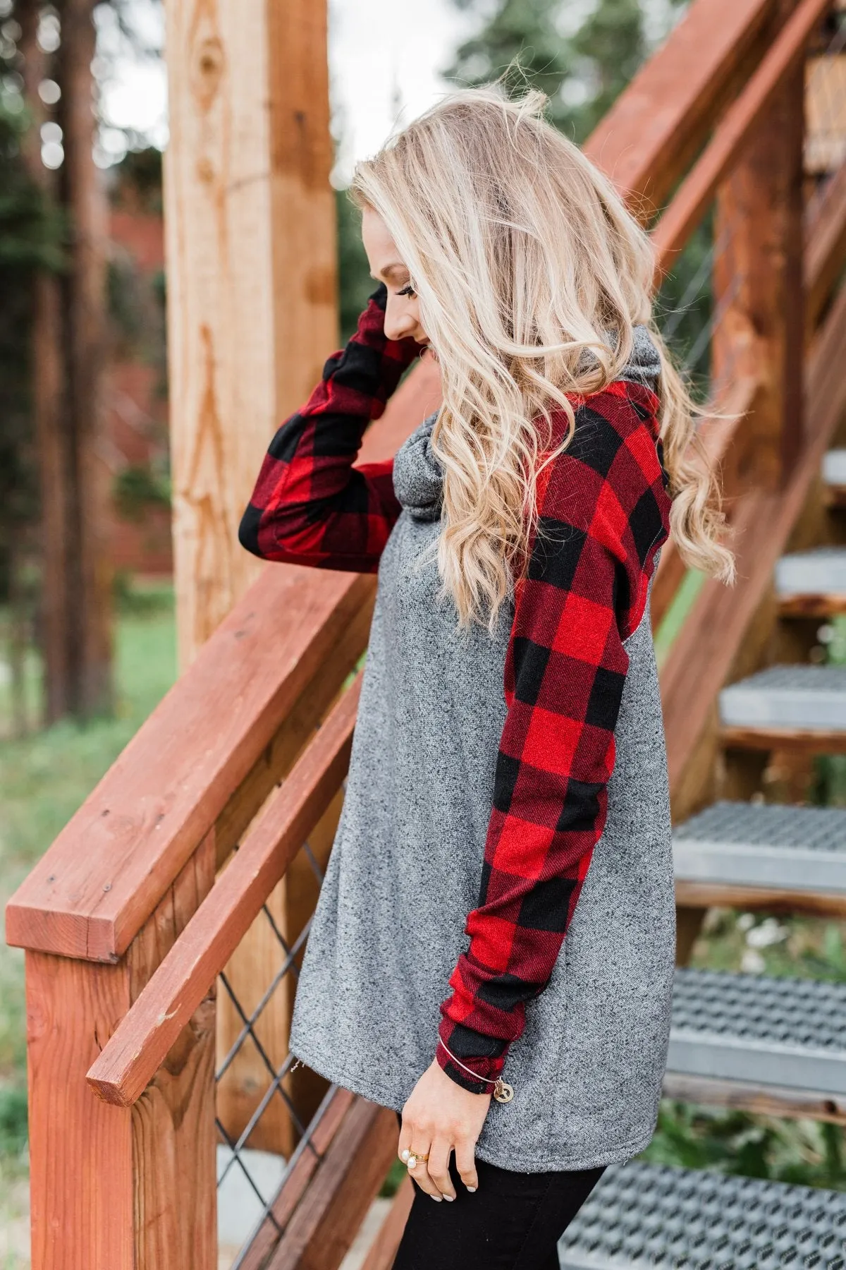 Something About Buffalo Plaid Cowl Neck Top- Grey