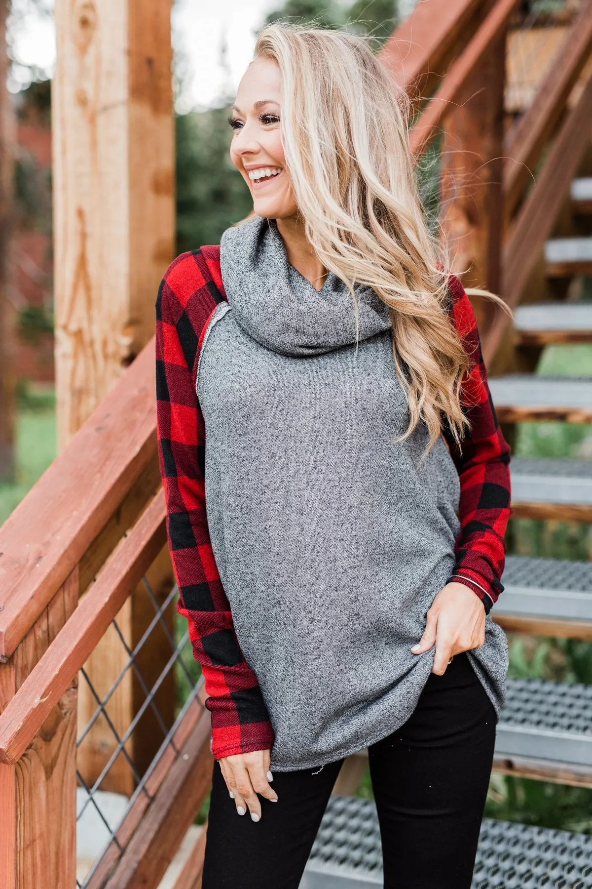 Something About Buffalo Plaid Cowl Neck Top- Grey