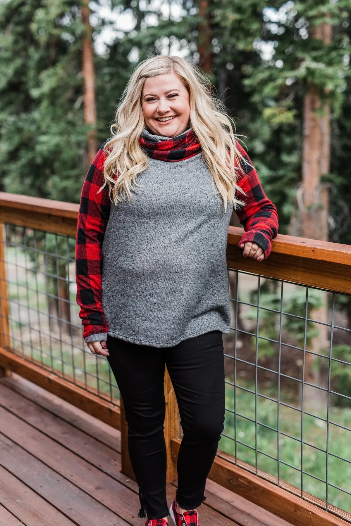Something About Buffalo Plaid Cowl Neck Top- Grey