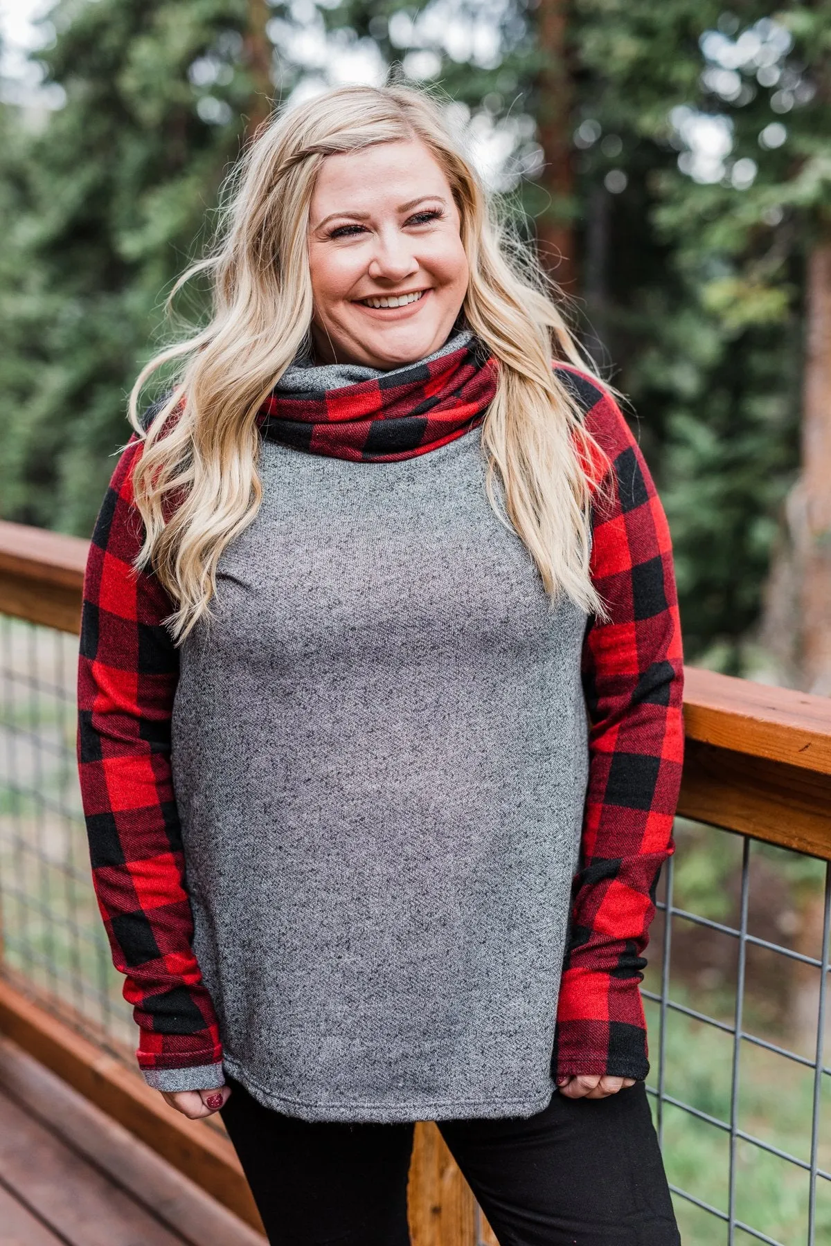 Something About Buffalo Plaid Cowl Neck Top- Grey