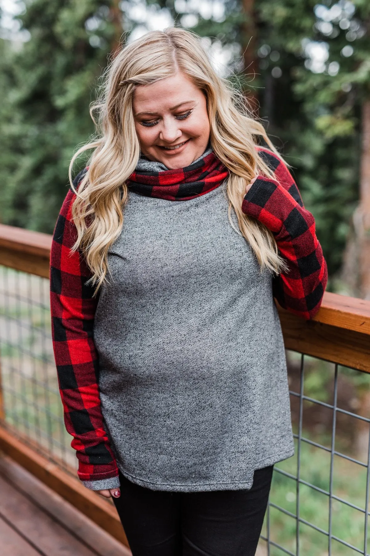 Something About Buffalo Plaid Cowl Neck Top- Grey