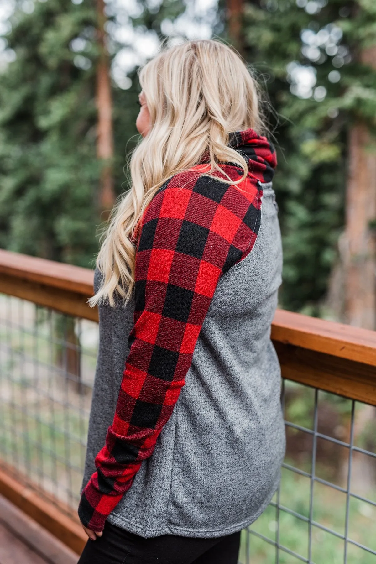 Something About Buffalo Plaid Cowl Neck Top- Grey