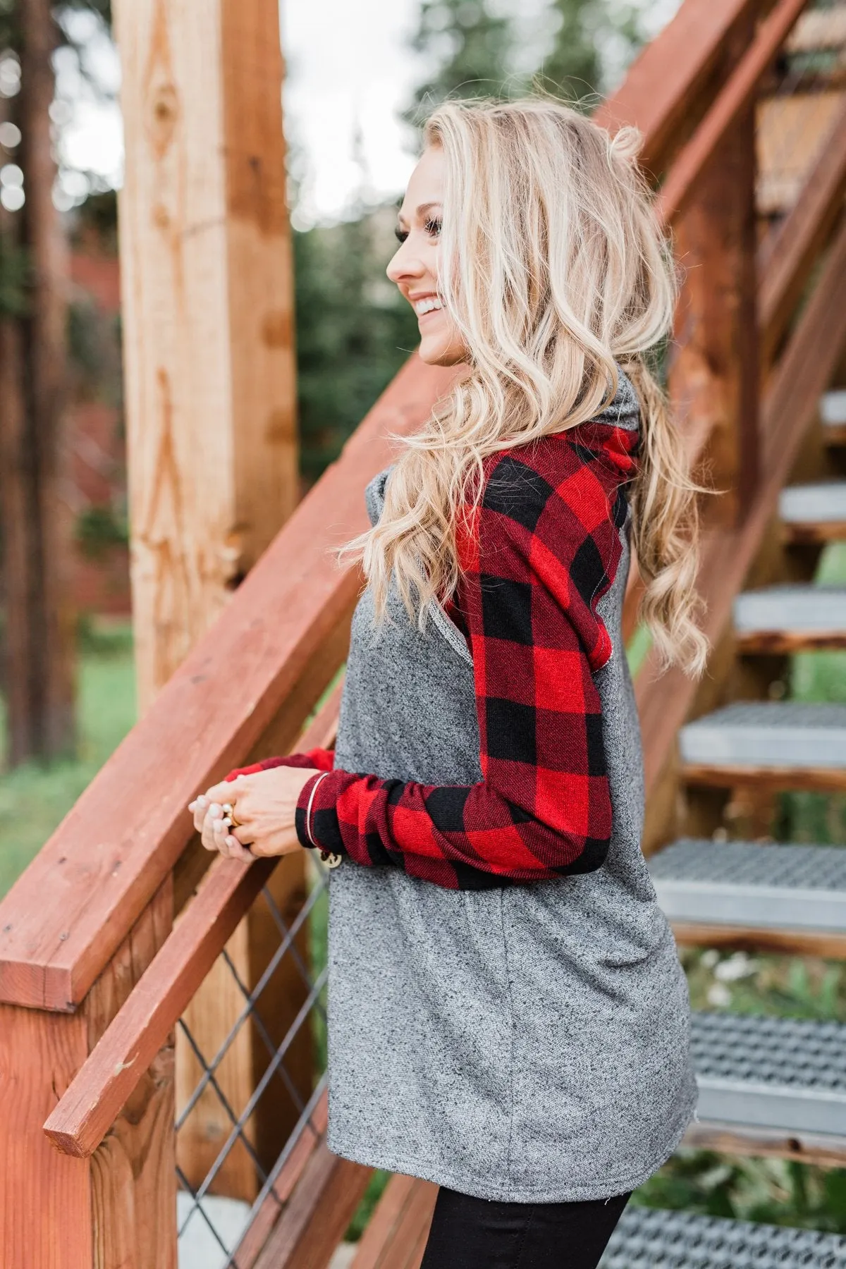 Something About Buffalo Plaid Cowl Neck Top- Grey