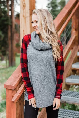 Something About Buffalo Plaid Cowl Neck Top- Grey