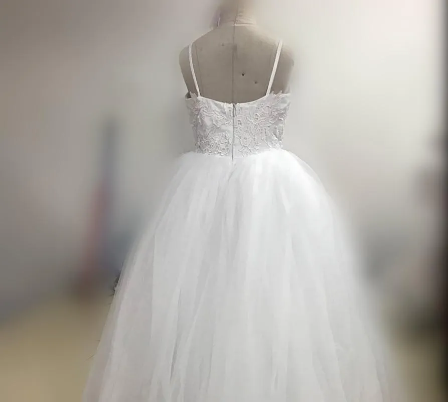 Spaghetti Lace Tulle Ball Gown, Long White Flower Girl Dresses ,Cheap Flower Girl Dresses ,FGY0166