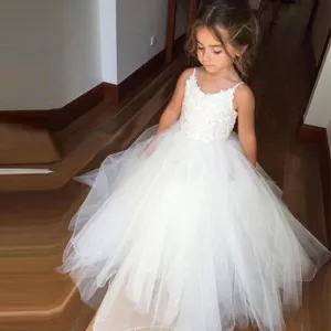 Spaghetti Lace Tulle Ball Gown, Long White Flower Girl Dresses ,Cheap Flower Girl Dresses ,FGY0166