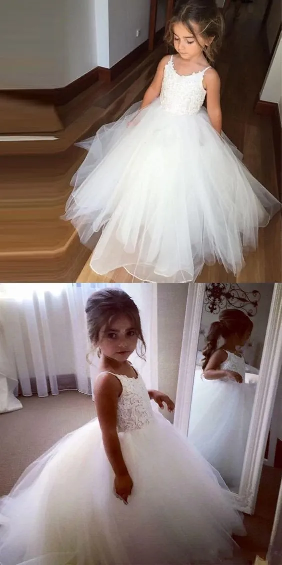 Spaghetti Lace Tulle Ball Gown, Long White Flower Girl Dresses ,Cheap Flower Girl Dresses ,FGY0166