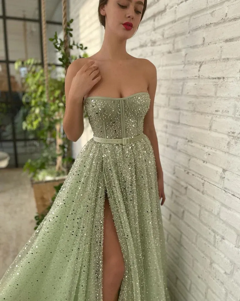 Sparkly Green A-line Sweetheart High Slit Maxi Long Prom Dresses,Evening Dresses,12961
