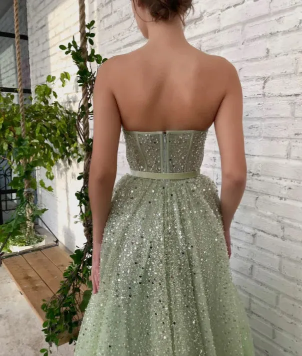 Sparkly Green A-line Sweetheart High Slit Maxi Long Prom Dresses,Evening Dresses,12961