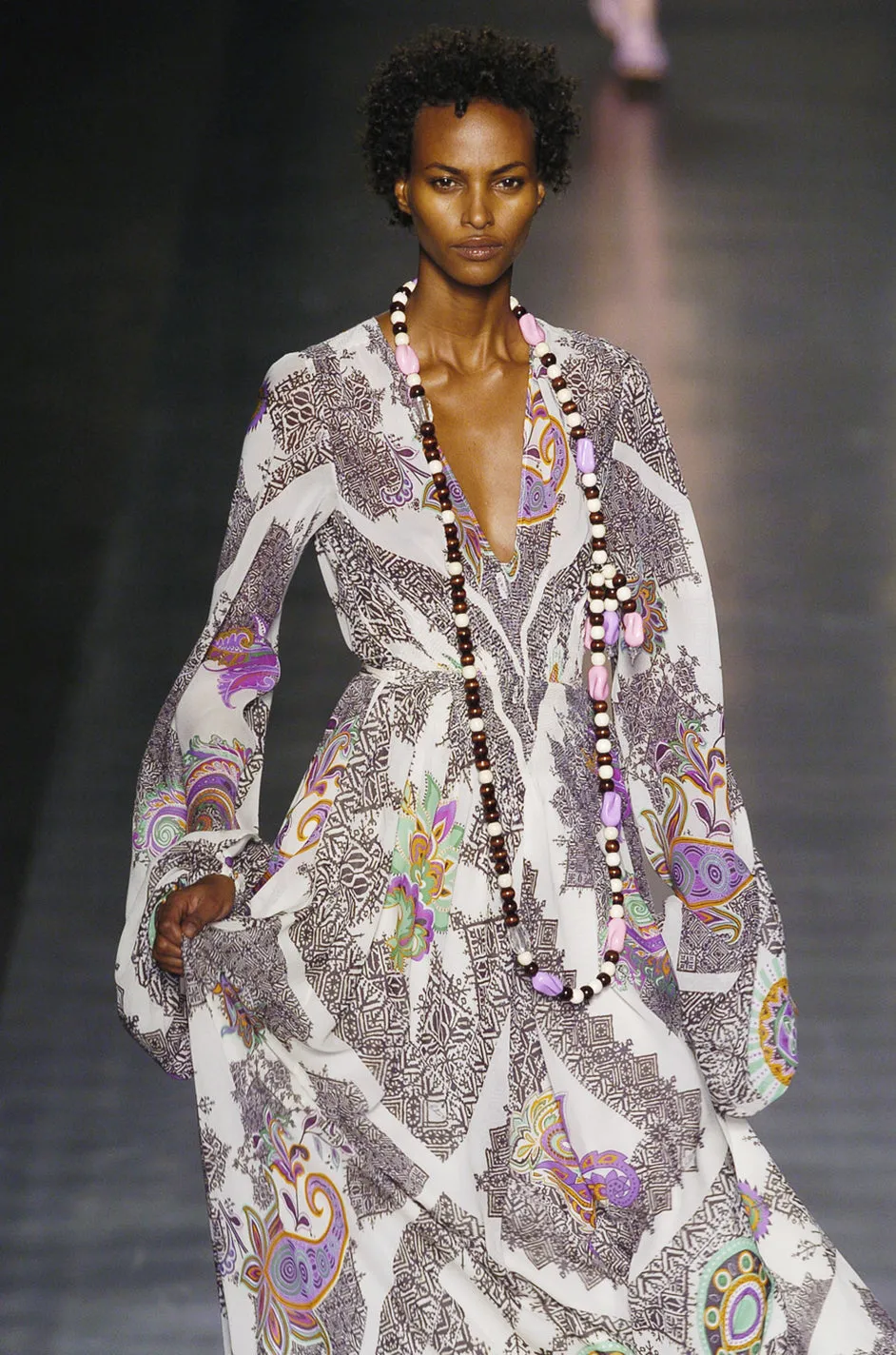 Spring 2005 Etro Runway Black & White Printed Flowing Silk Chiffon Dress w Huge Sleeves