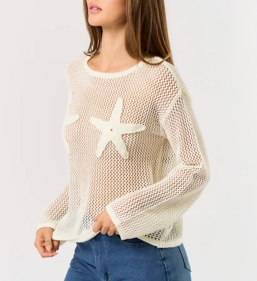 Starfish Crochet Long Sleeve Sheer Top