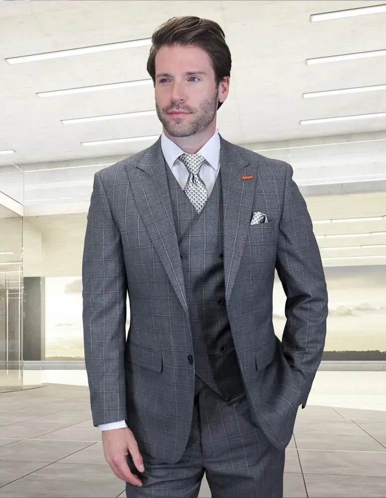 Statement Men's 3-Piece Modern Fit Suit – 100% Wool with Double-Breasted V-Neck Vest