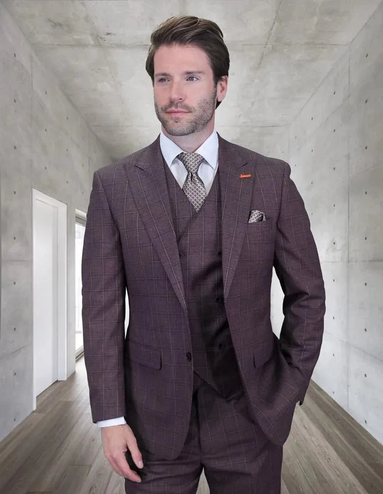 Statement Men's 3-Piece Modern Fit Suit – 100% Wool with Double-Breasted V-Neck Vest