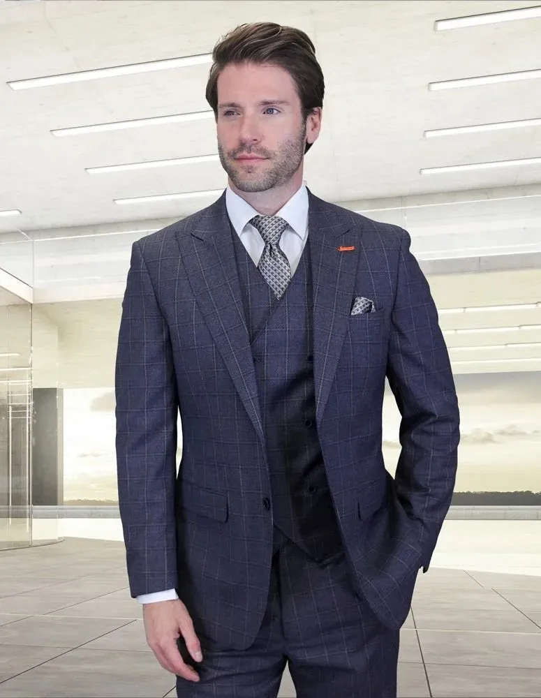 Statement Men's 3-Piece Modern Fit Suit – 100% Wool with Double-Breasted V-Neck Vest
