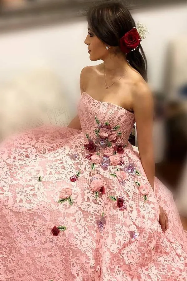 Strapless Floral Pink Lace Long Ball Gown with Embroidery