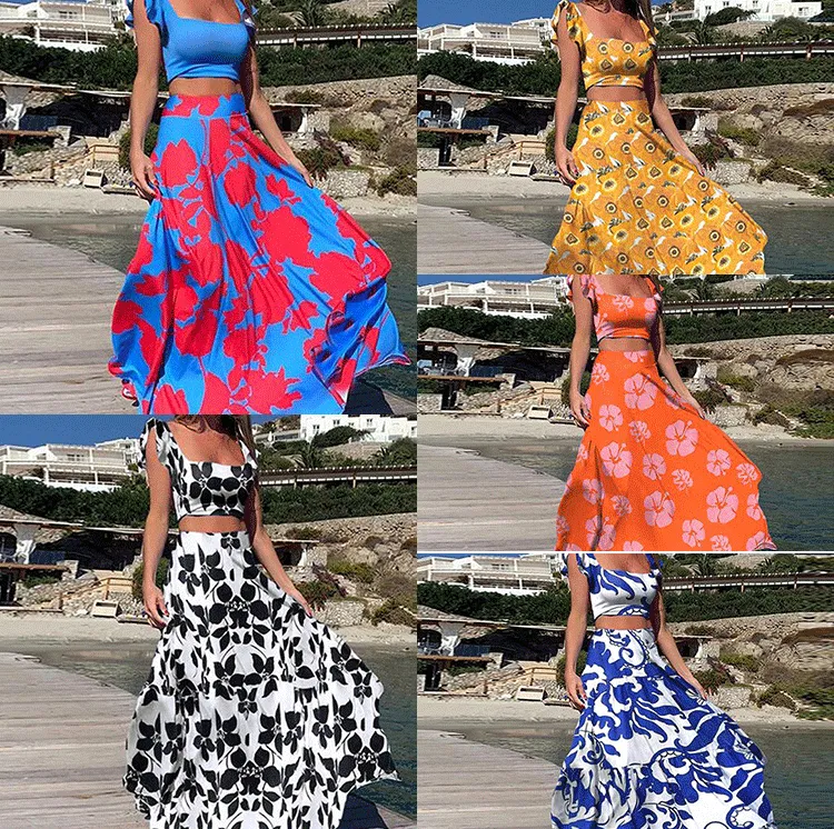 Straps Floral Print Tops&Skirt Sets