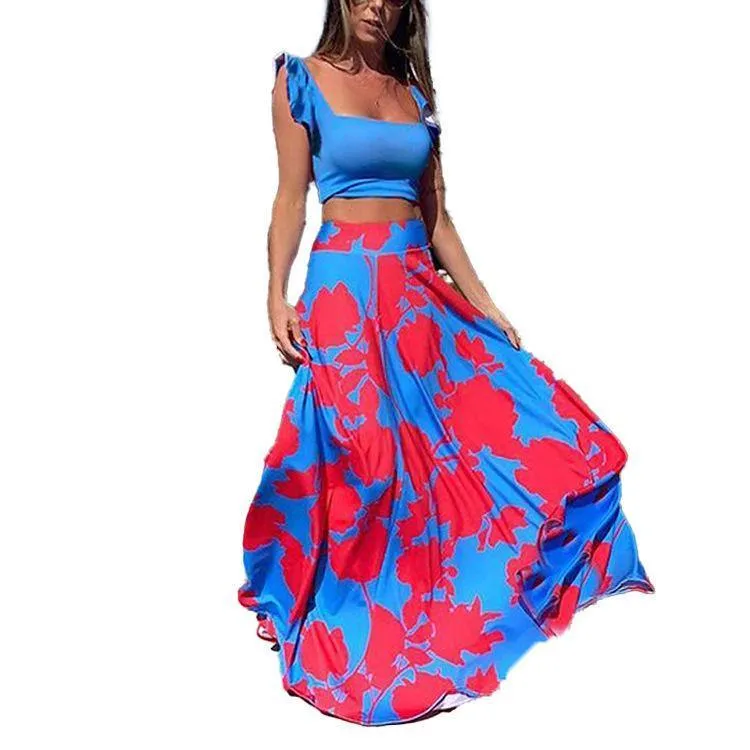 Straps Floral Print Tops&Skirt Sets