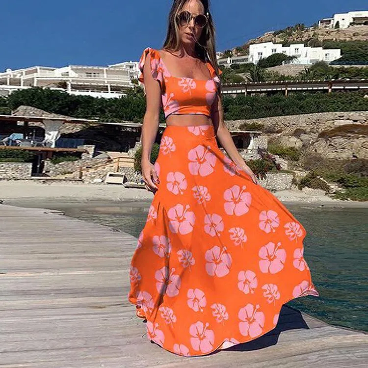 Straps Floral Print Tops&Skirt Sets