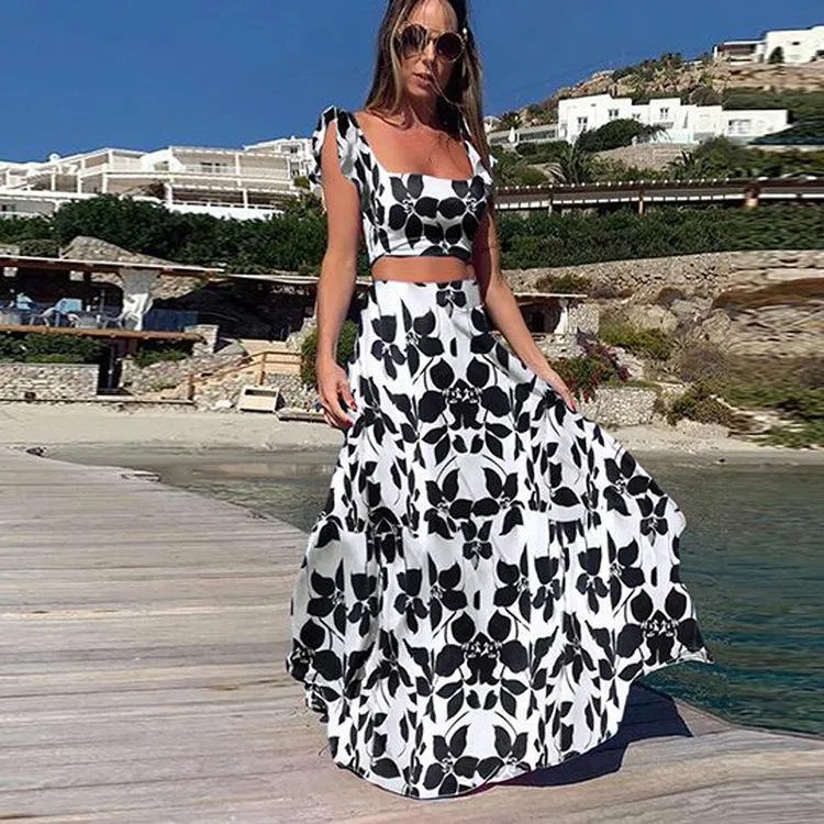 Straps Floral Print Tops&Skirt Sets