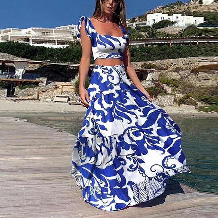 Straps Floral Print Tops&Skirt Sets