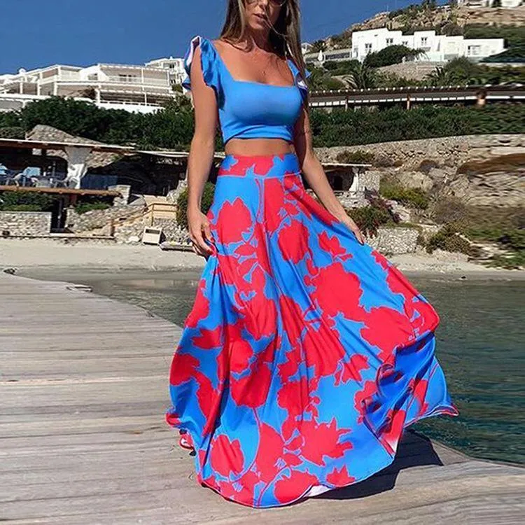 Straps Floral Print Tops&Skirt Sets