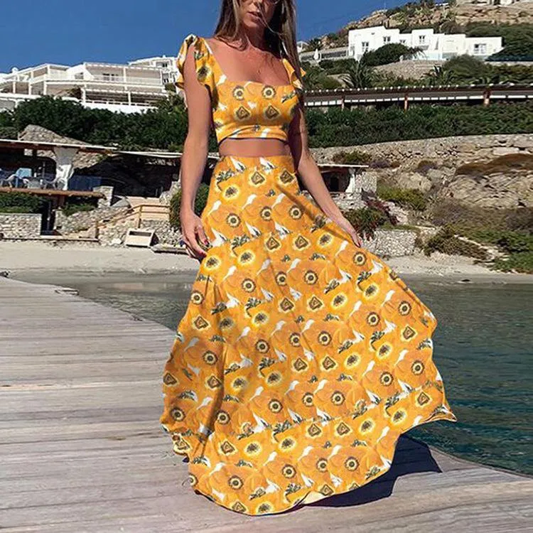 Straps Floral Print Tops&Skirt Sets