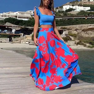 Straps Floral Print Tops&Skirt Sets