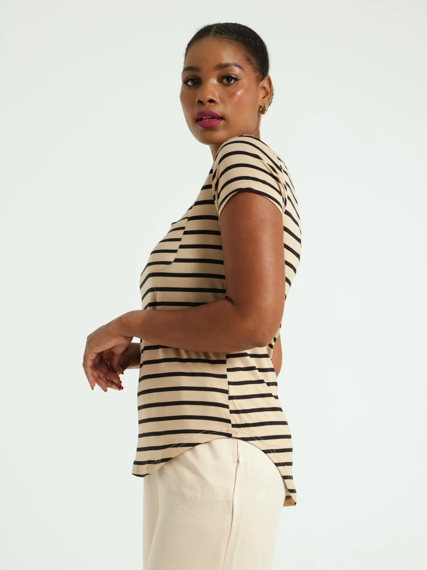 Stripe Pocket Tee - Black/Beige