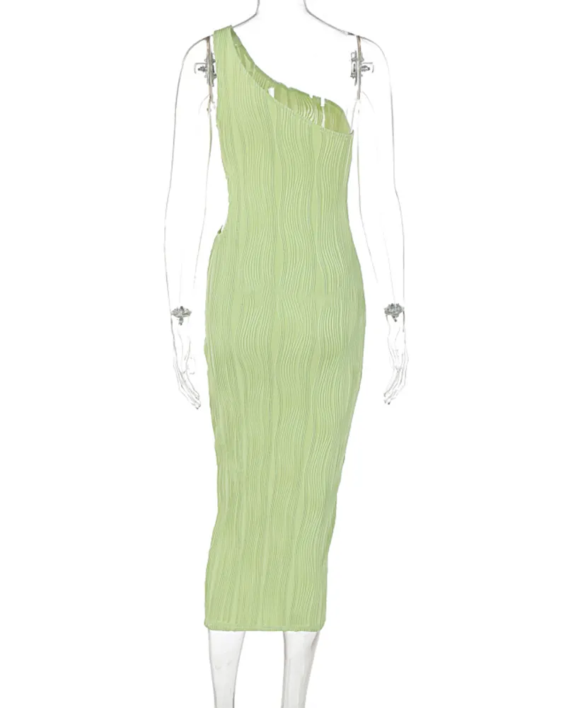 Striped Slim-Fit Slanted Shoulder Hollow Dress