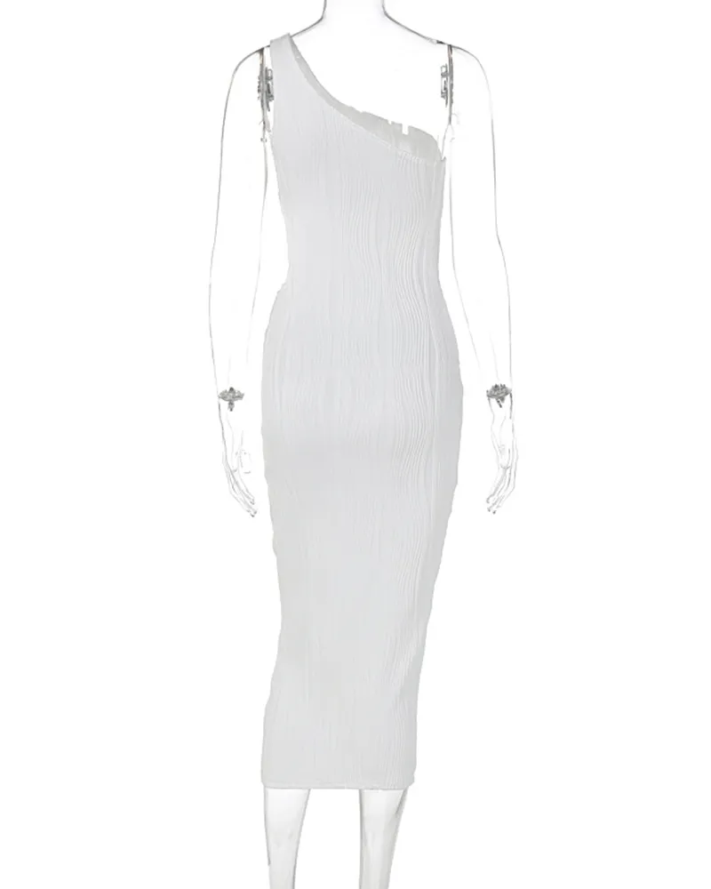 Striped Slim-Fit Slanted Shoulder Hollow Dress