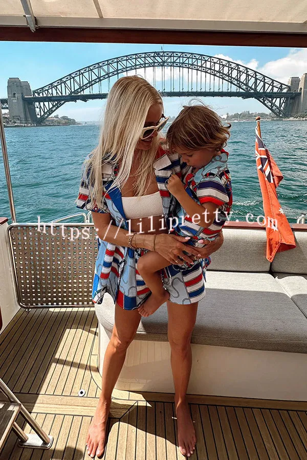 Summer Adventures Unique Print Pocket Loose Shirt and Elastic Waist Shorts PJ / Vacay Set