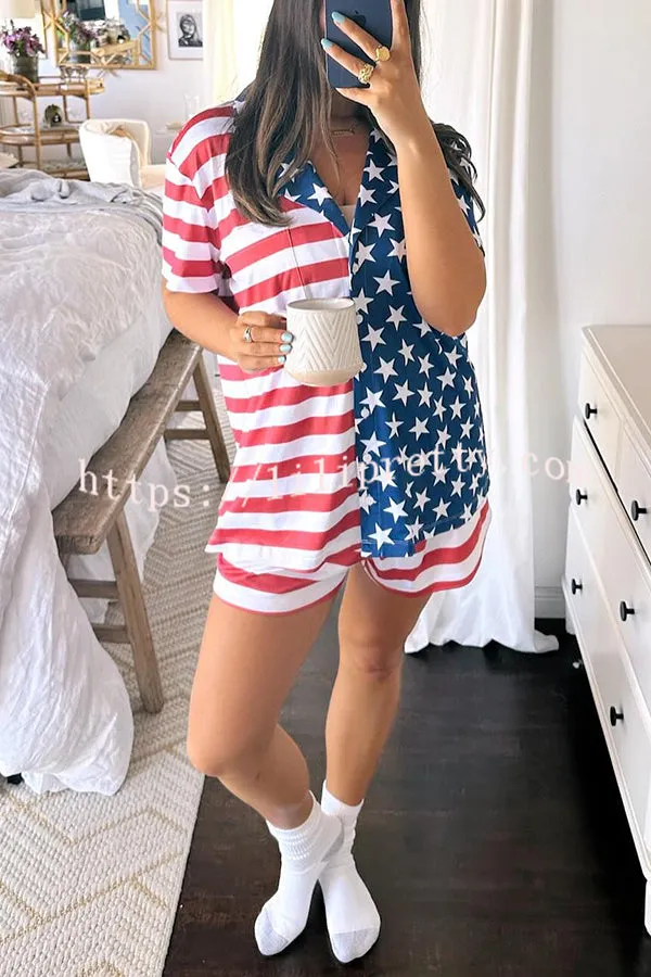 Summer Adventures Unique Print Pocket Loose Shirt and Elastic Waist Shorts PJ / Vacay Set