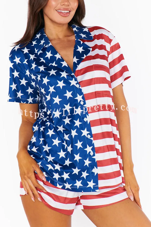 Summer Adventures Unique Print Pocket Loose Shirt and Elastic Waist Shorts PJ / Vacay Set