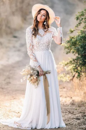 Summer Bohemian Wedding Gown with Lace Long Sleeves