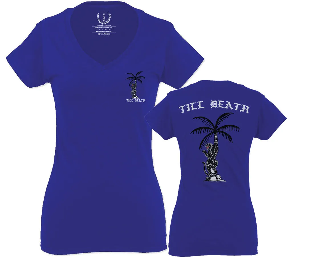 Summer Cool Graphic Palm Puma Tattoo Good Vibe Till Death Obei Society For Women V neck fitted T Shirt