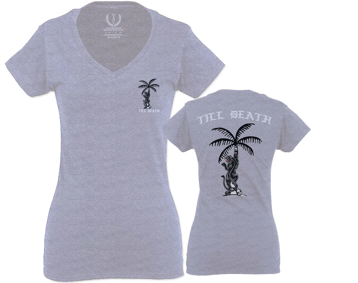 Summer Cool Graphic Palm Puma Tattoo Good Vibe Till Death Obei Society For Women V neck fitted T Shirt