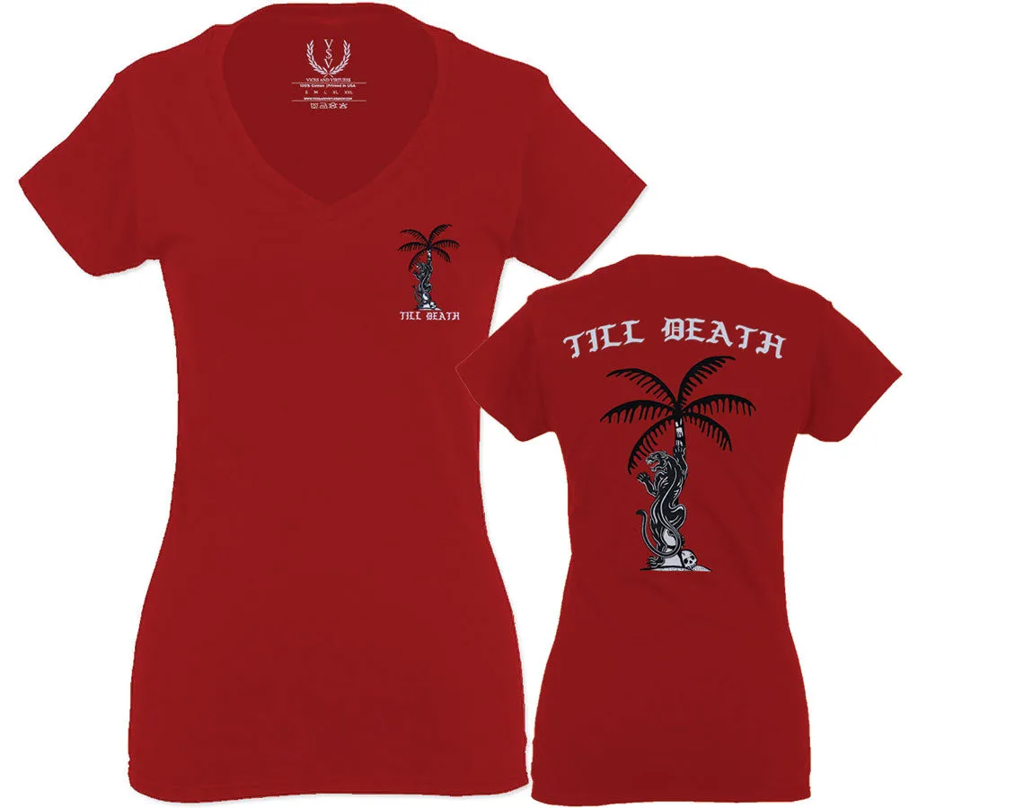 Summer Cool Graphic Palm Puma Tattoo Good Vibe Till Death Obei Society For Women V neck fitted T Shirt